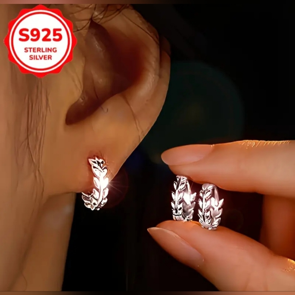 Elegant Earrings. 925 Sterling Silvery Leaf Hoop Earrings - Hypoallergenic.New